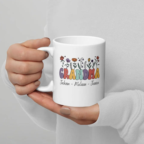 Personalized Grandma Mug With Grandkids Names Custom Wildflower Coffee Mug