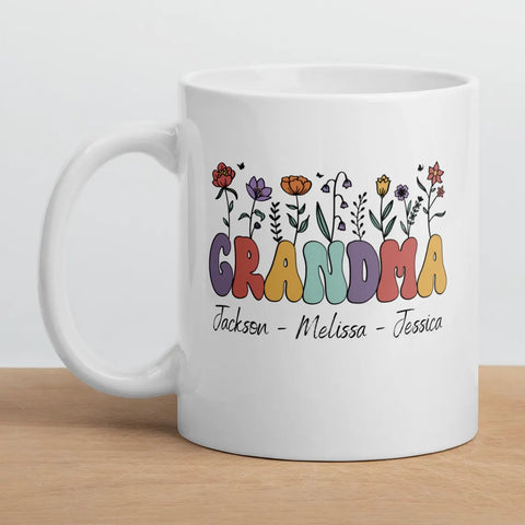 Personalized Grandma Mug With Grandkids Names Custom Wildflower Coffee Mug