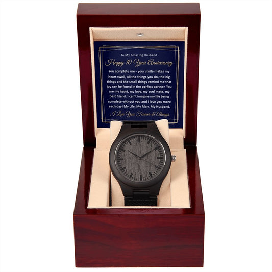 10th Wedding Anniversary Gift for Him, 10 Year Anniversary Watch for Husband Wooden Watch - Meaningful Cards