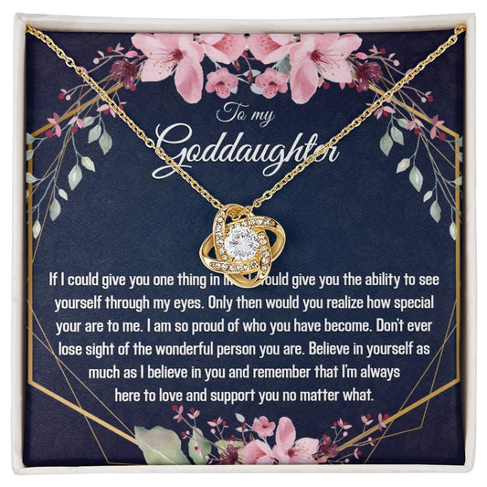 Goddaughter Gift - Gold Pendant CZ Necklace 18k Gold Love Knot - Meaningful Cards