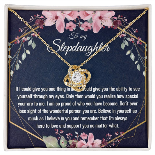 Stepdaughter Gift - Gold Pendant CZ Necklace 18k Gold Love Knot - Meaningful Cards