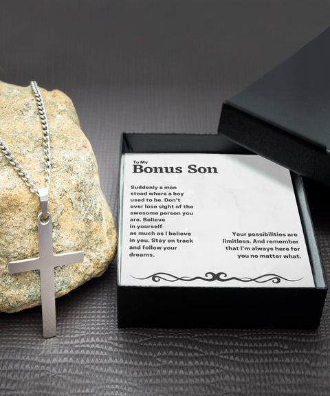 To my bonus son silver cross necklace unique gift for adopted son, thoughtful gift for stepson - Meaningful Cards